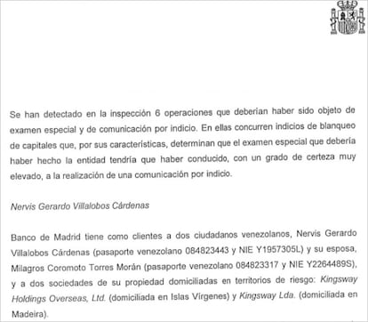 Trecho do relatório do Sepblac sobre o Banco Madrid.