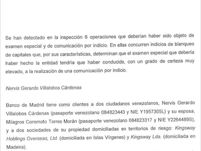 Fragmento del informe del Sepblac sobre Banco Madrid.