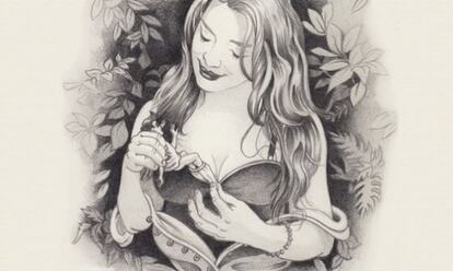 La doncella del rey de Brobdingnag desnuda a Gulliver según la imaginación de Víctor Castillo.