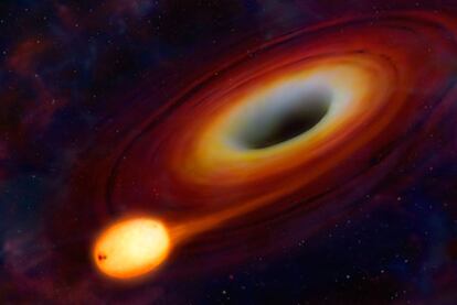 Ilustración del agujero negro en el proceso de romper una estrella que ha caído en el generando dos chorros de alta energía.