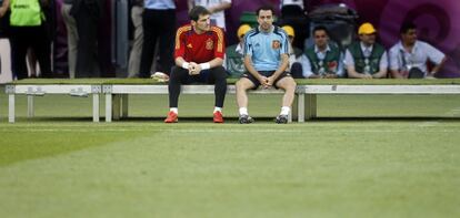 Casillas y Xavi, durante un entrenamiento con Espa&ntilde;a.