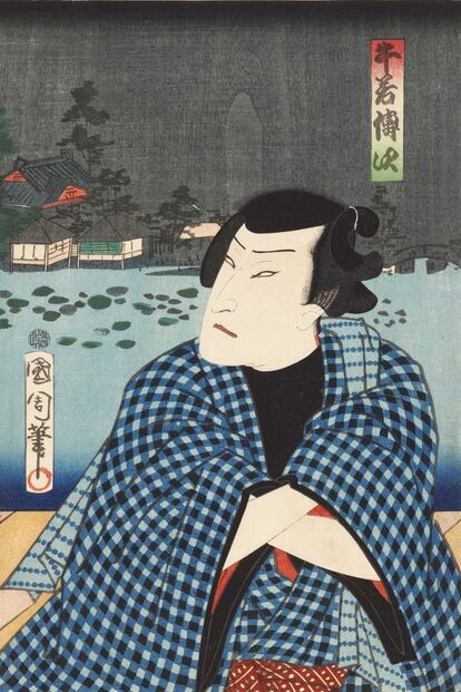 'El rufián Ushikawa Denji', retrato pintado por Toyohara Kunichika del personaje de kabuki interpretado por Sawamura Tossho II. 1867.