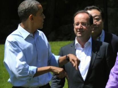 Barack Obama, Fran&ccedil;ois Hollande y Angela Merkel en la cumbre del G-8