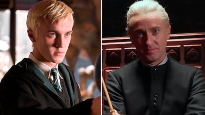 A la izquierda, Tom Felton interpreta a Draco Malfoy en 'Harry Potter y el misterio del príncipe', en julio de 2008, y a la derecha, Tom Felton caracterizado como Draco Malfoy, en un anuncio de su participación en la serie 'Harry Potter and the Cursed Child' distribuido por el actor y la saga en redes sociales.