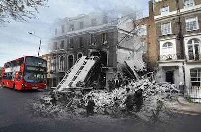 Un autobús apoyado contra un edificio en Harrington Square, Mornington Crescent, después de uno de los primeros bombardeos del 'Blitz', el 9 de septiembre de 1940. El autobús estaba vacío en el momento, pero en las casas murieron 11 personas. La foto actual (del 21 de abril de 2016) muestra unas viviendas sociales cerca de Mornington Crescent.