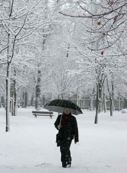 Una persona caminaba ayer bajo la nevada en Vitoria.