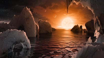 Recreación de la superficie del exoplaneta Trappist-1f, localizado en la constelación de Acuario.