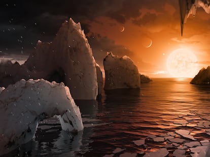 Recreación de la superficie del exoplaneta Trappist-1f, localizado en la constelación de Acuario.