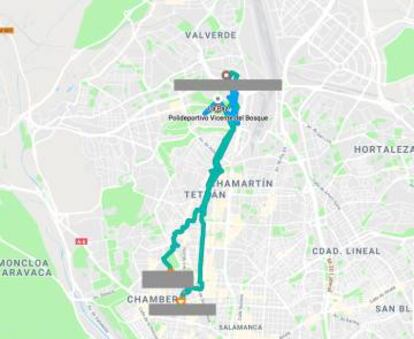 Ejemplo del Historial de Localización de Google. La información incluye el medio de transporte más probable y las direcciones donde el usuario se detiene.