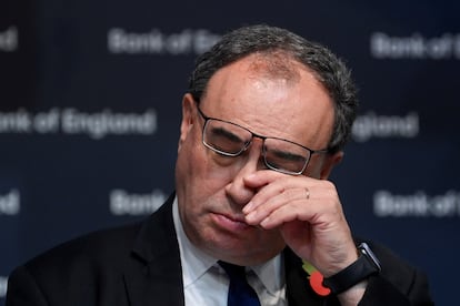 El gobernador del Banco de Inglaterra, Andrew Bailey, durante la rueda de prensa, este jueves en Londres.