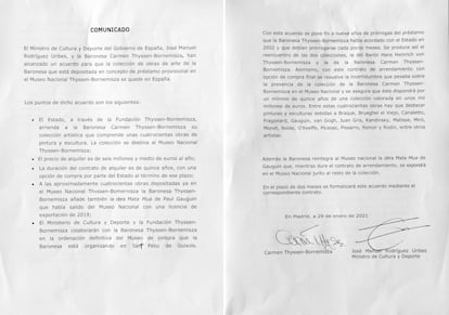 Acuerdo firmado por Carmen Cervera y el ministro Rodríguez Uribes sobre el alquiler de la colección de la primera.