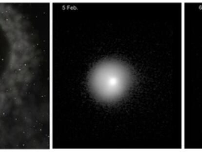 Ilustración de los estallidos del cometa 29P/Schwassmann-Wachmann 1 (izquierda), y dos fotografías del cometa captadas con el telescopio IAC/80, del Instituto de Astrofísica de Canarias