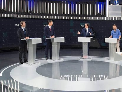 Pablo Casado (PP), Pedro Sánchez (PSOE), Albert Rivera (Cs) y Pablo Iglesias (Unidas Podemos), en el debate de RTVE, moderado por Xabier Fortes.