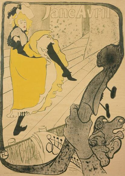 'Jane Avril. Jardín de París' (1893), un dibujo de trazos sencillos, elegantes y con contraste de colores, el estilo de Toulouse-Lautrec.