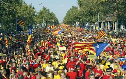 Demonstrators pack the streets of Barcelona to call for independence in the Catalonia region.