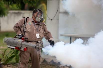 Un trabajador del municipio, fumiga un parque de Quintana Roo.