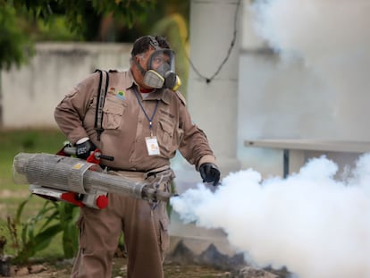 Un empleado público fumiga contra el mosquito del dengue un parque de Cancún, en el Estado de Quintana Roo.
