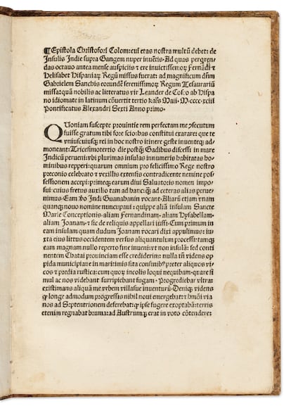 Una de las cuatro hojas que conforman la epístola conocida como "De insulis nuper inventus" (De las islas recién descubiertas).