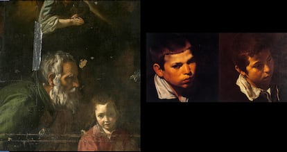 A pesar del debate sobre la autoría de la obra, lo que sí están claras las concomitancias de estilo y técnica y la recurrencia de temas entre la última pintura hallada y otras obras maestras de Velázquez. Por ejemplo el tratamiento que el artista hace de la infancia con el rostro de la Virgen niña de la obra encontrada en Yale (a la izquierda) y las caras de otros niños, como el que aparece en <i>Vieja friendo huevos</i> (en el centro) o <i>El almuerzo</i> (derecha). (Fotografía, cortesía de <i>Ars Magazine</i>).