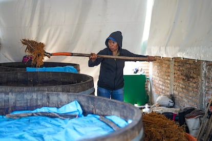 Fabiola Torres Monfil vierte fibra de agave en Zinacancingo, en el Estado de Puebla, México.