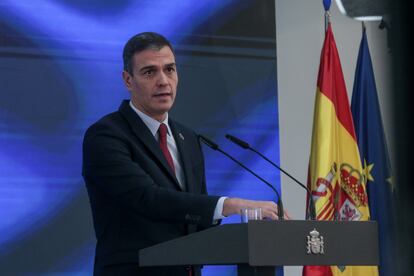 Pedro Sánchez during today's presentation.