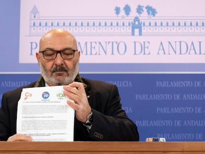 El portavoz del grupo parlamentario de Vox, Alejandro Hernández, este lunes en el Parlamento andaluz.