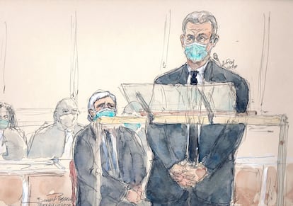 El expresidente francés Nicolas Sarkozy, en un dibujo durante el juicio.