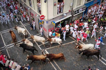 Toros de Pedraza de Yeltes han protagonizado el cuarto encierro de San Fermín 2016.