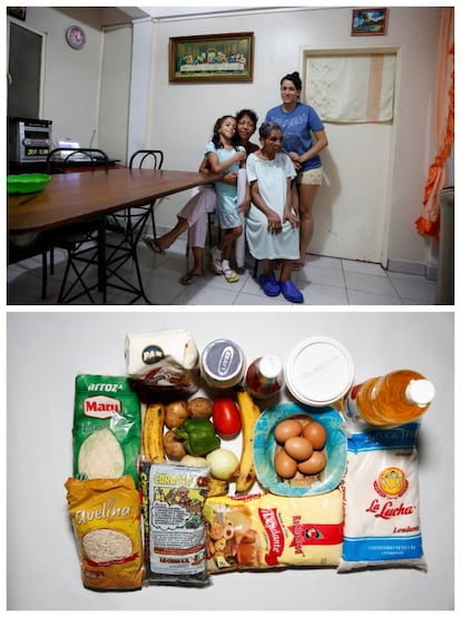 Liliana Tovar (segunda por la izquierda) posa junto a sus familiares (de derecha a izquierda: Yusdeilys Gonzalez, Elpidia Rivas y Valeria Lugo). "Estamos comiendo peor que antes. Si desayunamos, no almorzamos; si almorzamos, no cenamos y, si cenamos, no desayunamos", dice Tovar.