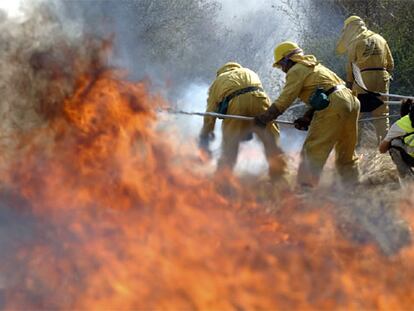 Varios miembros de una cuadrilla de extinción intentan apagar el fuego en la provincia de A Coruña.