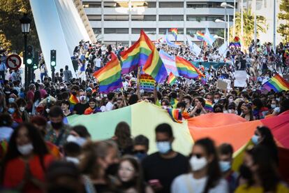 La manifestación a su paso por el puente de Calatrava en Valencia.