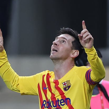 17 April 2021, Spain, Sevilla: Barcelona's Lionel Messi celebrates scoring during the Spanish Copa del Rey (King's Cup) final soccer match between Athletic Bilbao and FC Barcelona at Estadio La Cartuja de Sevilla. Photo: Jose Luis Contreras/DAX via ZUMA Wire/dpa
Jose Luis Contreras/DAX via ZUMA / DPA
17/04/2021 ONLY FOR USE IN SPAIN