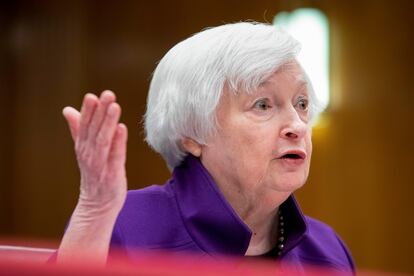 Treasury Secretary Janet Yellen testifies during a Senate Appropriations Subcommittee on Financial Services and General Government hearing on  March 22, 2023.