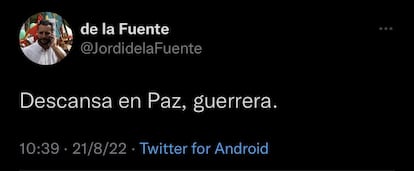 Tuit publicado desde la cuenta de Jordi De la Fuente el domingo tras el asesinato de Daria Dugina.