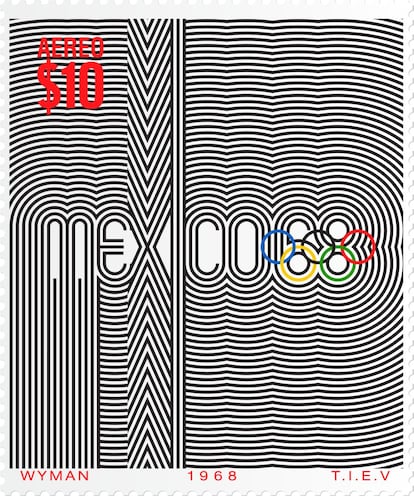 Sello conmemorativo con el logo de los Juegos distribuido en 1968 por la Dirección General de Talleres de Impresión de Estampillas y Valores (TIEV) de México.