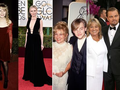 A la izquierda: Kirsten Dunst en los Globos de Oro de 1995 y 2016. A la derecha: Leonardo DiCaprio y su madre, Irmelin, en las galas de 1994 y 2014.