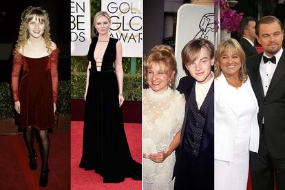 A la izquierda: Kirsten Dunst en los Globos de Oro de 1995 y 2016. A la derecha: Leonardo DiCaprio y su madre, Irmelin, en las galas de 1994 y 2014.