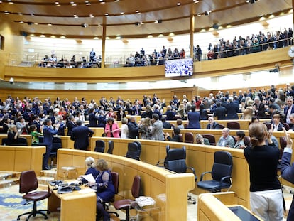 Los diputados aplauden este jueves la aprobación de la reforma del artículo 49 de la Constitución, dirigiéndose a representantes de asociaciones de personas con discapacidad que han asistido al pleno.