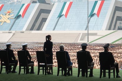 Claudia Sheinbaum y Andrés Manuel López Obrador, en  un saludo a las Fuerzas Armadas de México, en el Colegio Militar de Tlalpan. 