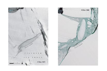 Filchner Ice Shelf, Antrtida. En 1986, parte de esta plataforma de hielo se fractur en el ocano.
La Antrtida cuenta con enormes plataformas de hielo permanente ancladas a la tierra, pero con una avanzadilla flotante. En 1986, el frente de la Filchner, considerada la de mayor volumen, se rompi, formando tres enormes icebergs. En 1995 se resquebraj la plataforma Larsen A y en 2002 se produjo otro gran desprendimiento en la Larsen B. Los dedos acusadores apuntan al cambio climtico.