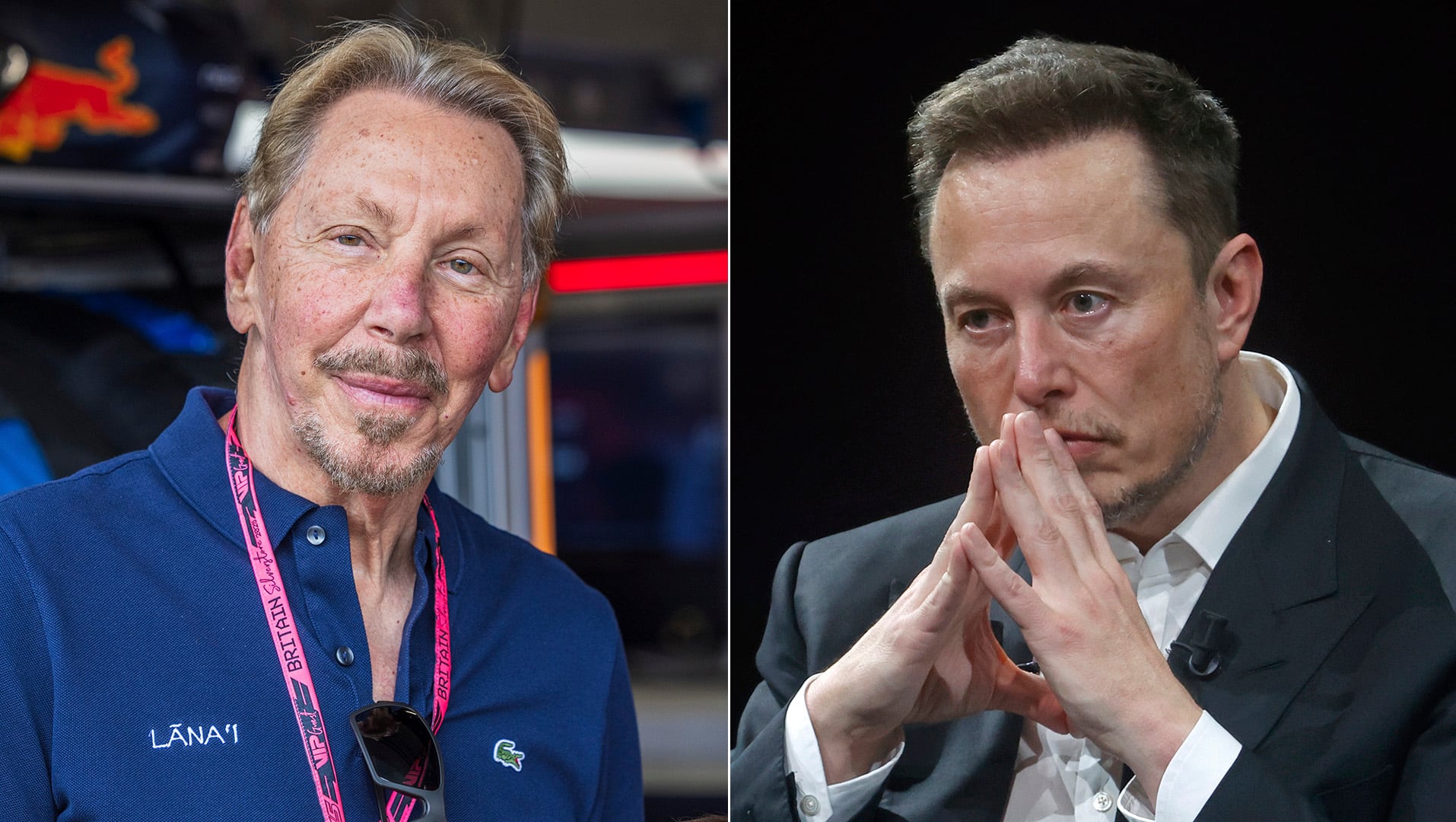 Larry Ellison, cofundador de Oracle, a la izquierda, y Elon Musk, CEO de Tesla y SpaceX, a la derecha.