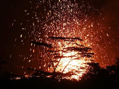 KAPOHO, HI - MAY 17: Lava erupts above trees from a Kilauea volcano fissure on Hawaii's Big Island on May 17, 2018 in Kapoho, Hawaii. The U.S. Geological Survey said the volcano erupted explosively in the early morning hours today launching a plume about 30,000 feet into the sky. Mario Tama/Getty Images/AFP == FOR NEWSPAPERS, INTERNET, TELCOS & TELEVISION USE ONLY ==