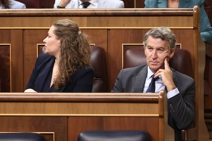 La portavoz del PP en el Congreso, Ester Muñoz y el presidente del PP, Alberto Núñéz Feijóo, durante una sesión de control al gobierno.
Eduardo Parra / Europa Press
17/09/2025