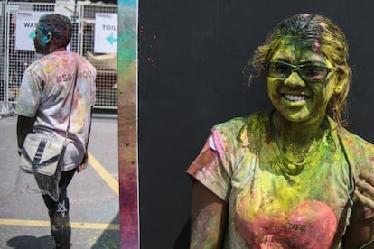 El festival se celebra el quinto día de Luna Llena para ahuyentar a los malos espíritus y celebrar la llegada del buen tiempo. En la imagen, participantes manchados de polvos de colores tras la fiesta celebrada en un templo de Kuala Lumpur, Malasia.