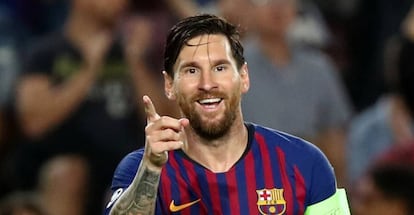 Messi celebra uno de sus goles frente al PSV.