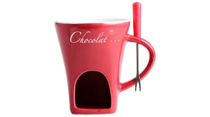 Taza de fondue de color rojo.