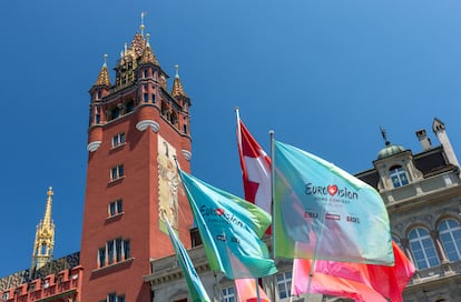 Banderas del festival de Eurovisión en la edición de este año en Basilea (Suiza). 
