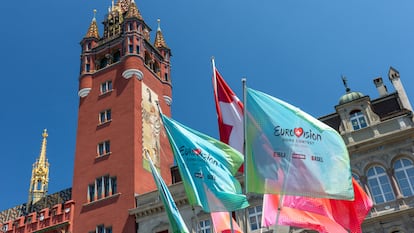 Banderas del festival de Eurovisión en la edición de este año en Basilea (Suiza).