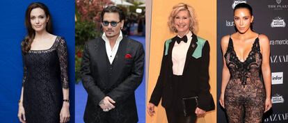 De izquierda a derecha: Angelina Jolie, Johnny Depp, Olivia Newton-John y Kim Kardashian.