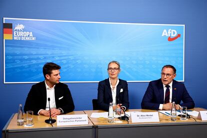 La candidata del partido de ultraderecha alemán Alternativa para Alemania (AfD), Alice Weidel, y los responsables del partido, tras conocerse los resultados de las pasadas elecciones europeas. EFE